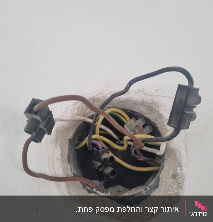 חוטי חשמל צבעוניים בקופסת חיבורים בקיר